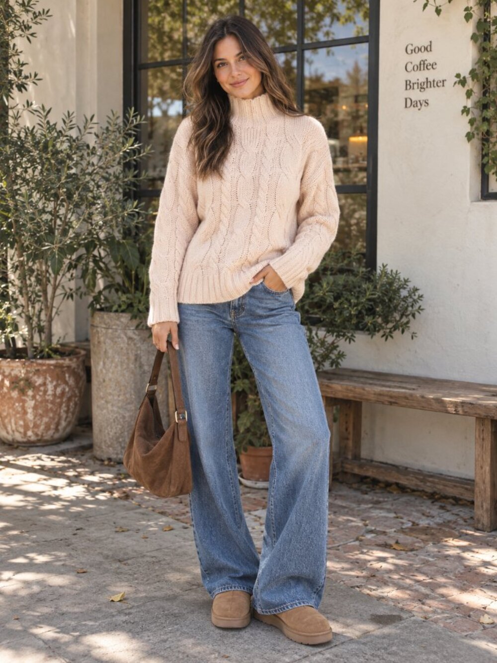 Charlie Holiday Dune Cable Knit Mock Neck Sweater Dusty Pink Cozy Pullover